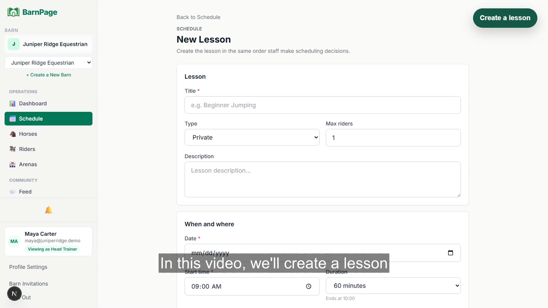 BarnPage lesson scheduling workspace showing a new lesson form