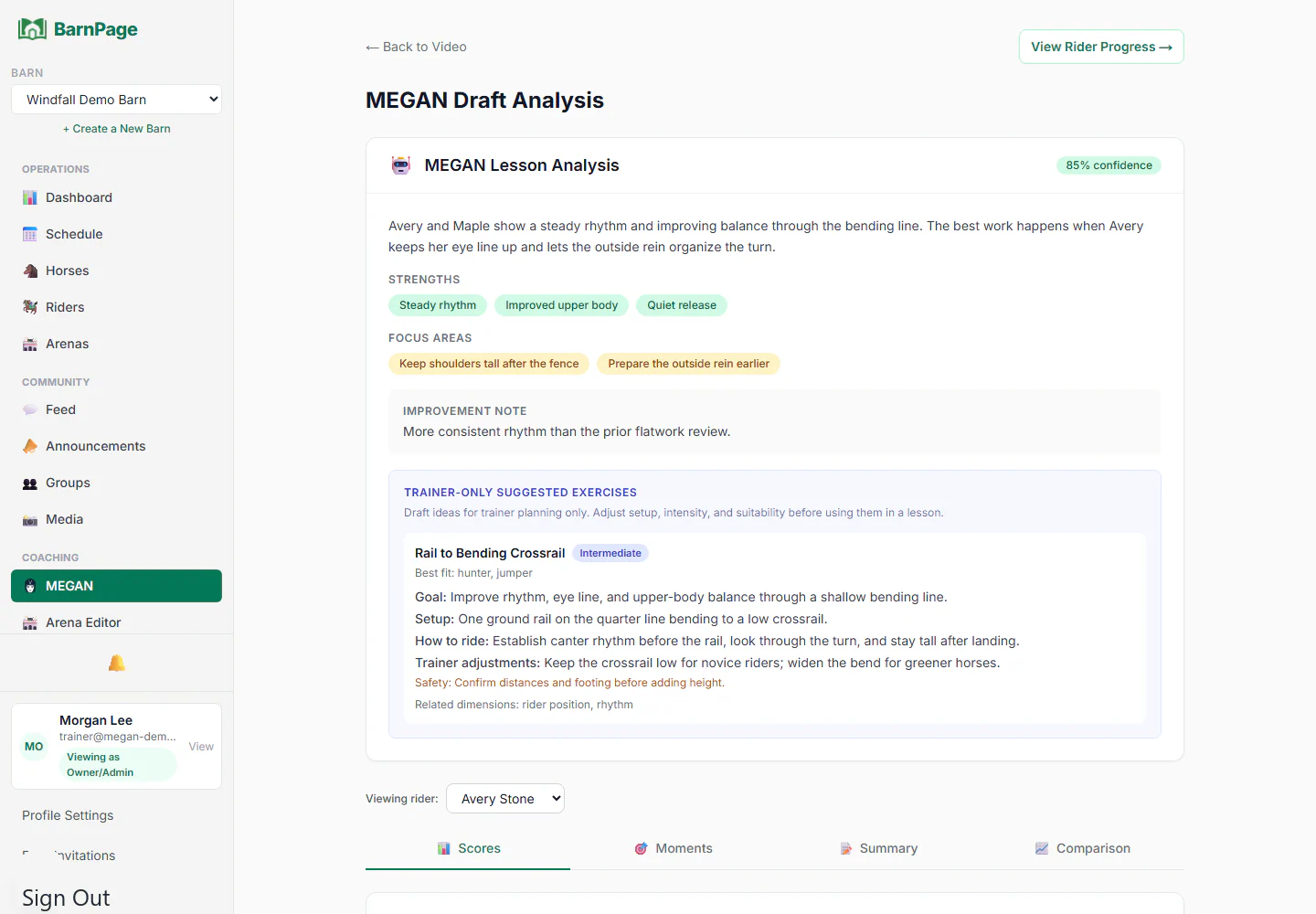 BarnPage lesson analysis workspace showing trainer feedback and suggested exercises